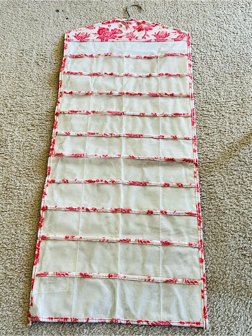 Hanging Pink Floral Trim Jewelry Organizer with Clear Pockets